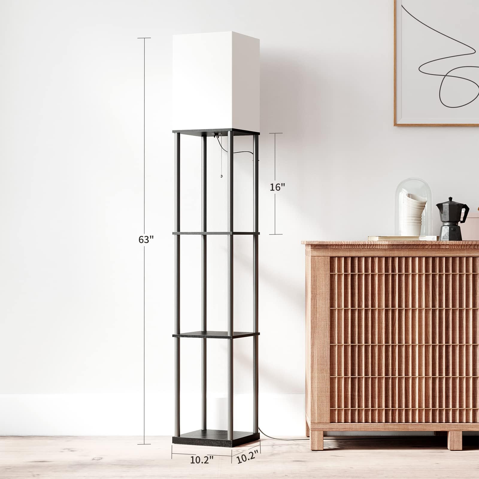 Stehlampe mit regal für Wohnzimmer Vintage Metall Stehlampe mit 3 Farbtemperaturen Floor Lamp mit weißen Leinen Schatten & Foot Switch Deckenfluter für Wohnzimmer Schlafzimmer und Büro Schwarz