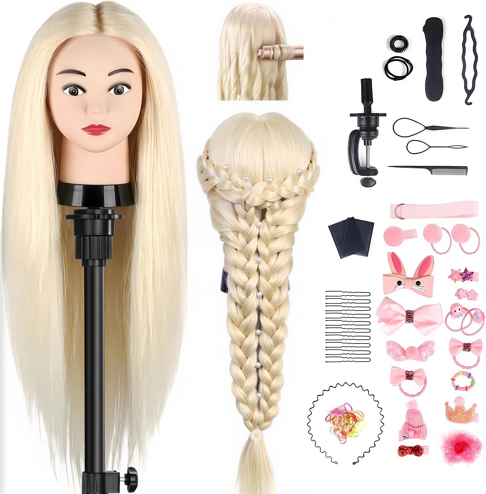TwoWin Hairdressing Training Head, 24 Inch 80% Real Hair Manikin Cosmetology Doll Head Mannequin Hair Styling with Clamp Stand and Accessories, Blonde, Suitable for Straightening, Curling, Perming