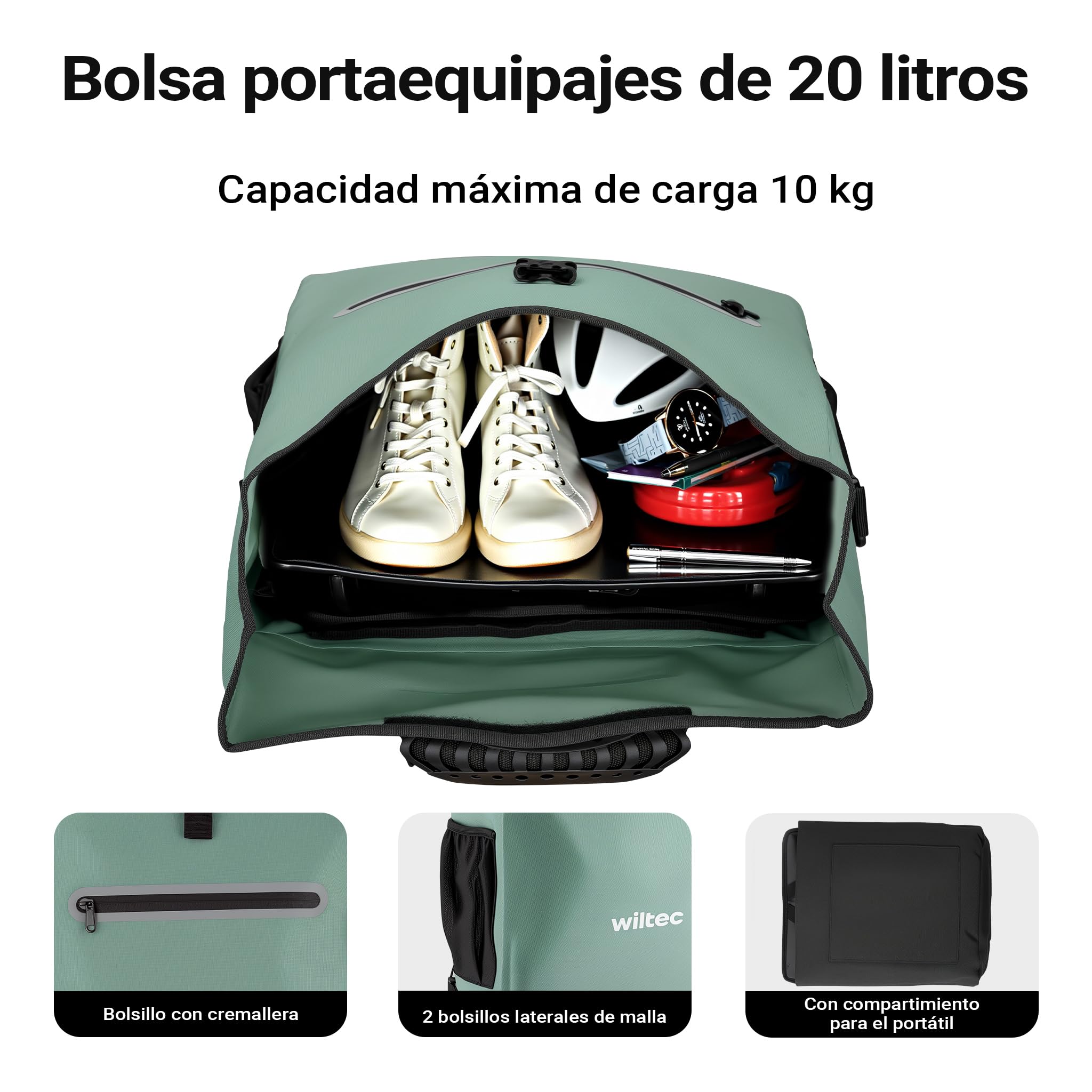 WilTec Bolsa versátil para Bicicletas 20 L Verde Resistente a la Lluvia con Compartimento para portátil fácil instalación en portabultos Ideal para Ciclistas urbanos y excursiones