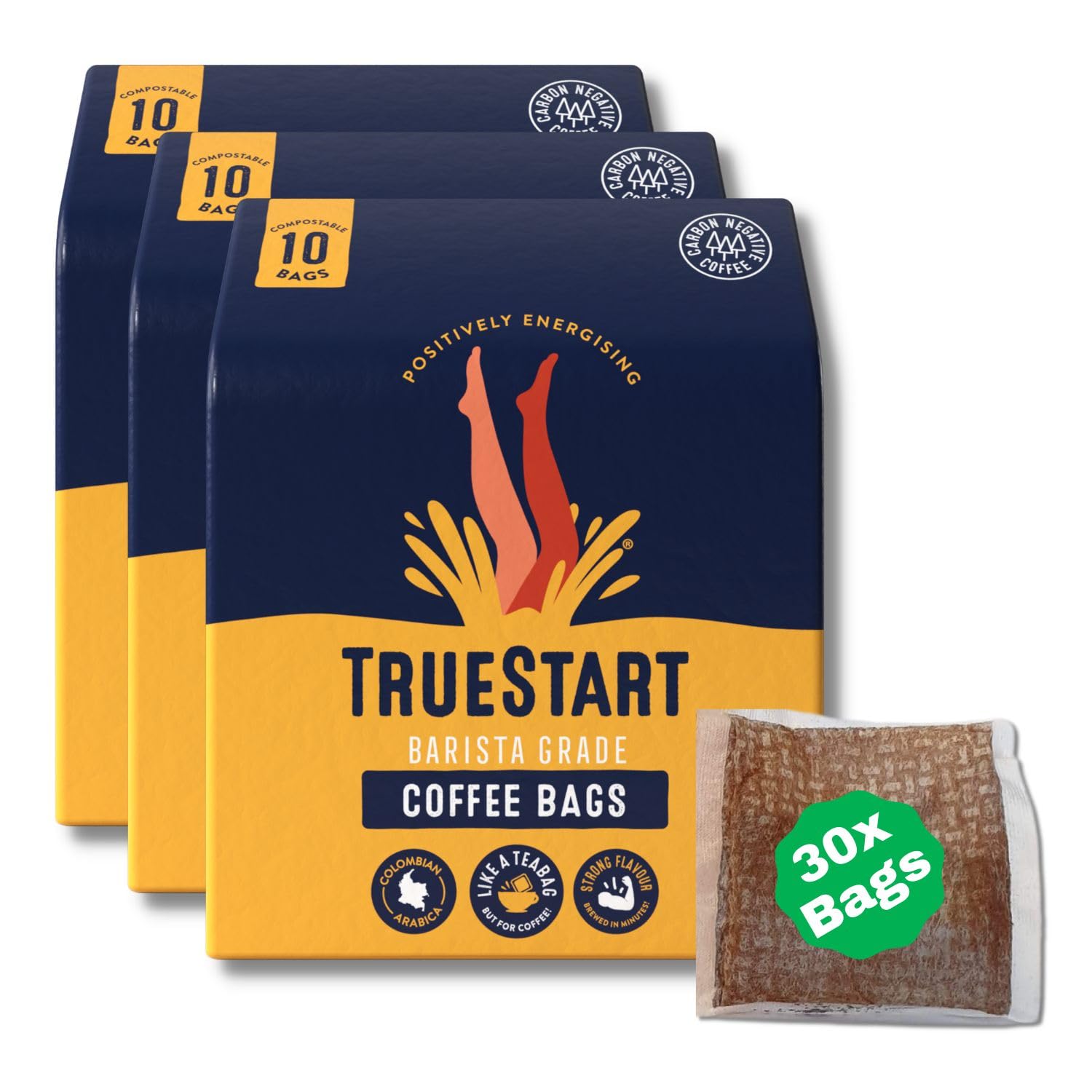 TrueStart Coffee Bags, Smooth Energising Colombian Arabica – 30 Wrapped Bags Mycotoxin-Free Coffee Rich in Antioxidants, Quick Brew, Individually Wrapped & Gluten Free