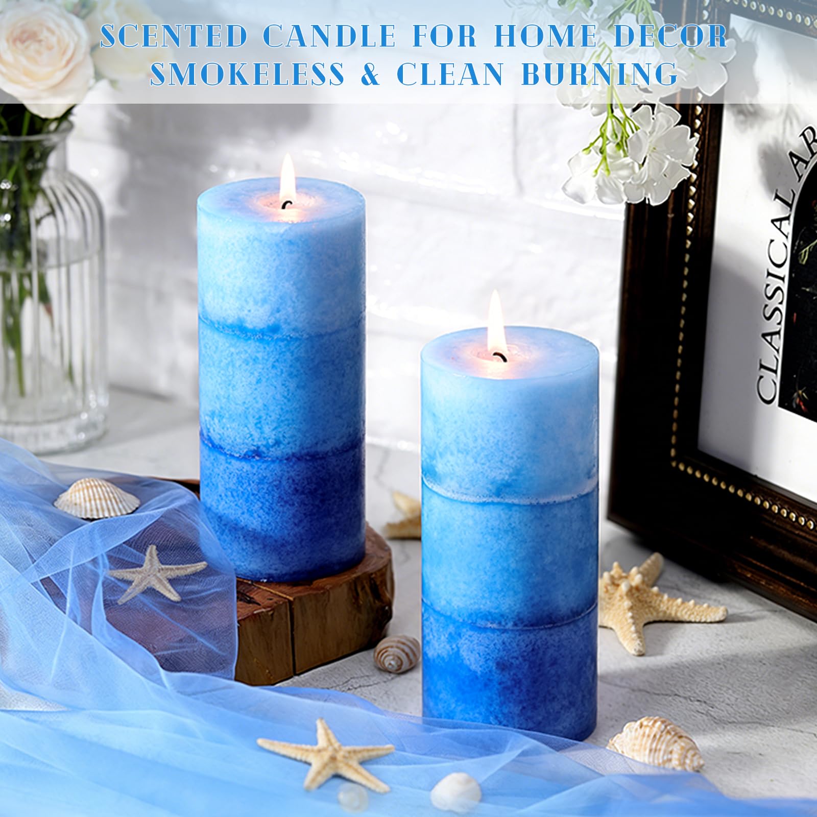 Blue Ocean - Candele cilindriche profumate, 7,1 x 15,2 cm, atossiche, 210 ore, a lunga durata, senza fumo, per decorazione della casa e matrimonio, confezione da 3
