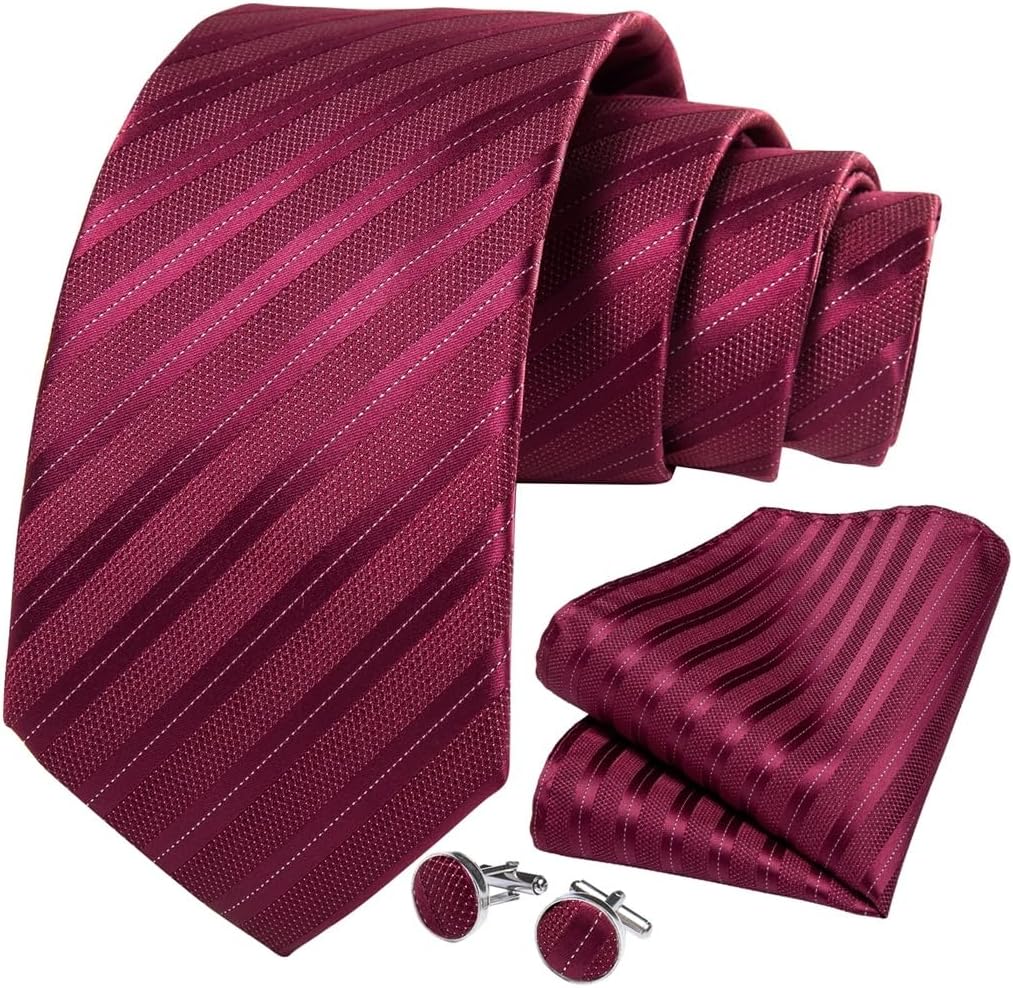 Men's Business Tie Sets Neckties Striped Silk Ties Formal Wedding Party Accessory Handkerchief Cufflinks