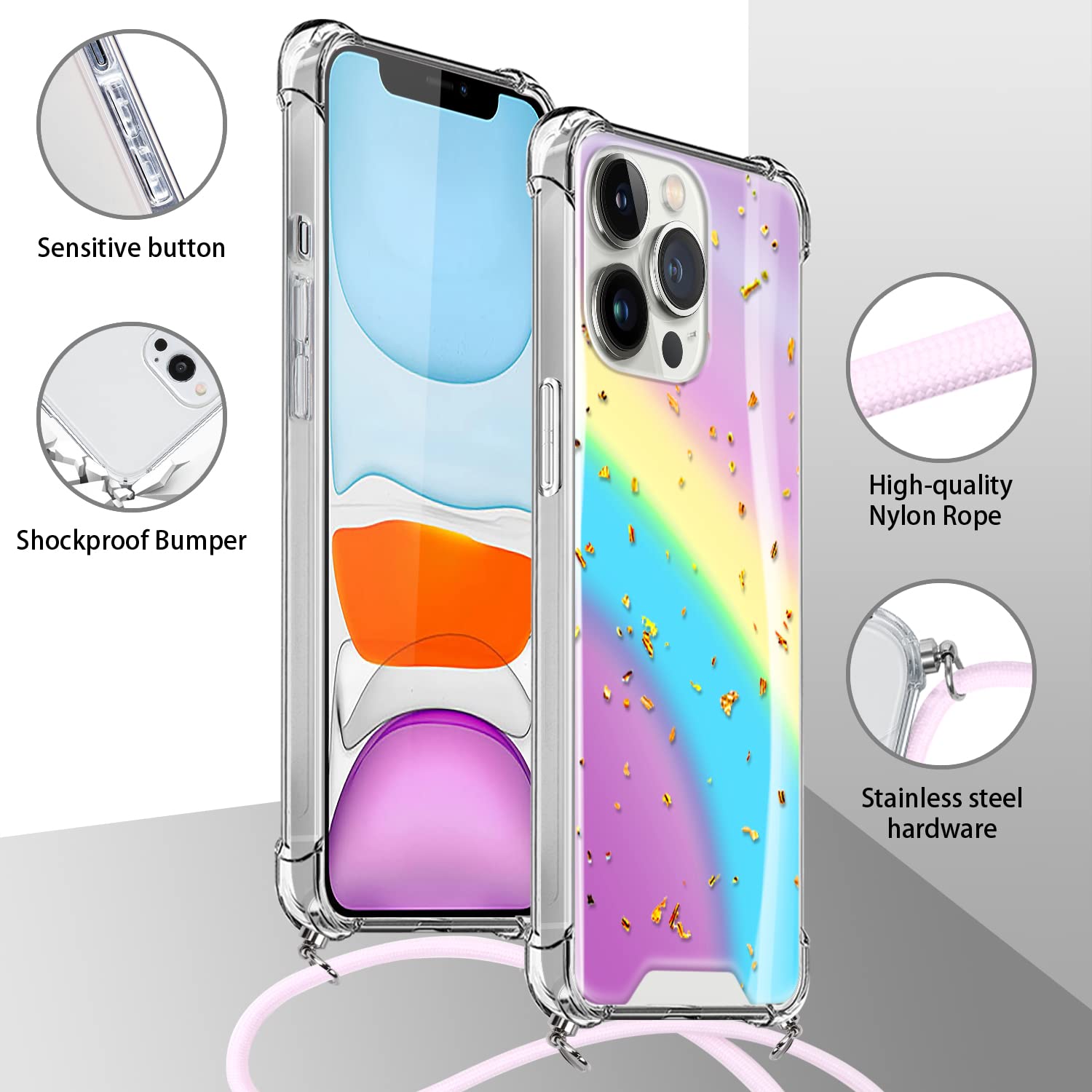ZhuoFan Glitter Custodia con Cordino per Motorola Moto G9/G9 Play/E7 Plus(4G) 6,5, Custodia Brillantini Glitterata con Corda Regolabile Tracolla Collana con Rigida PC Antiurto Cover, modello 11