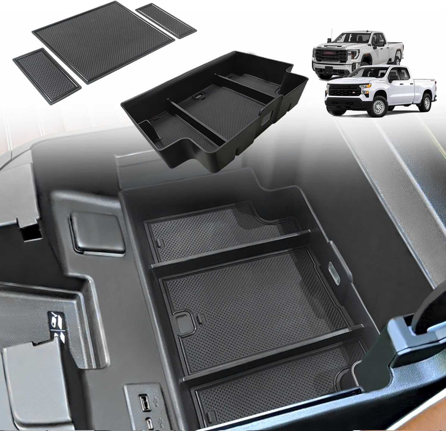Muslogy Center Console Organizer Compatible with 2022-2026 Chevy Silverado/GMC Sierra 1500, 2024-2026 Silverado & Sierra 2500 3500HD Armrest Storage - Full w/Bucket Seats ONLY(Console Tray&Mats Set)