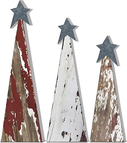 Soaoo 3 piezas de decoración rústica de Navidad de madera, árboles de Navidad de granja, decoración de mesa, árbol de madera de pie con estrella,