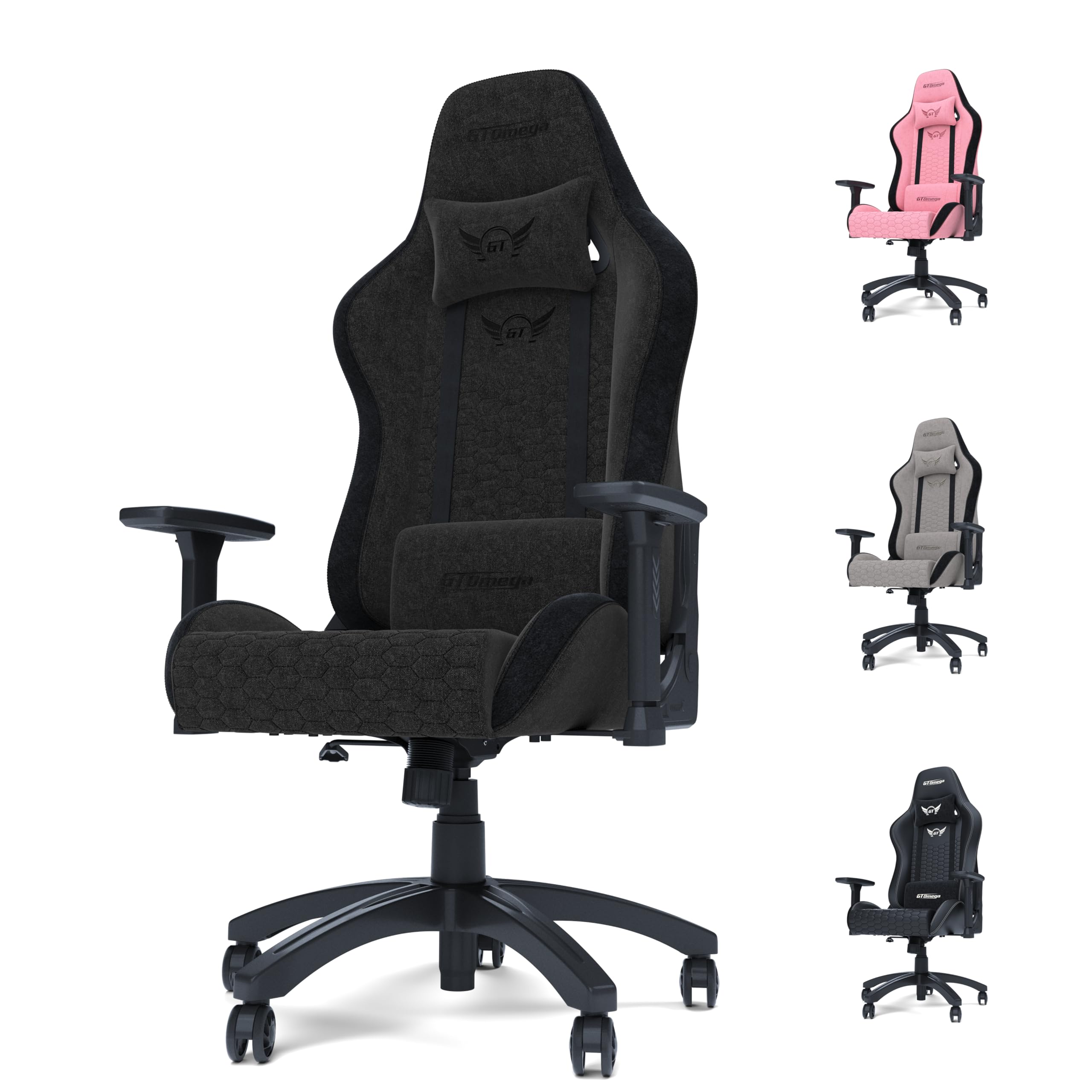 GT OMEGA Pro Series 2.0 Gaming Chair, Black Fabric Computer Office Chair, Ergonomic Desk Chair for Home, Adjustable Arms, 180 Degree Recline, Lumbar Neck Cushions, Height Adjustable, 110kg Capacity