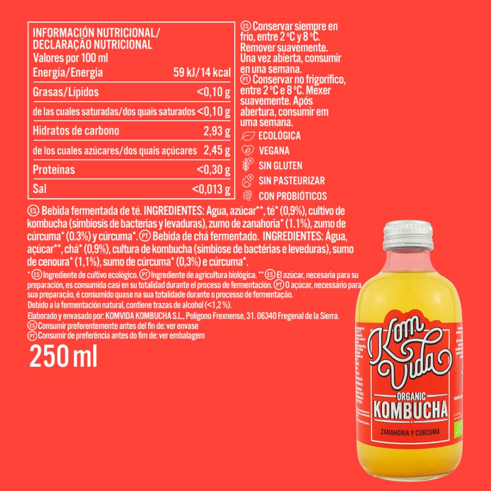 Té kombucha. Komvida. Kit multisabor. 12 botellas de kombucha orgánica. 250 ml. Envío en frío.