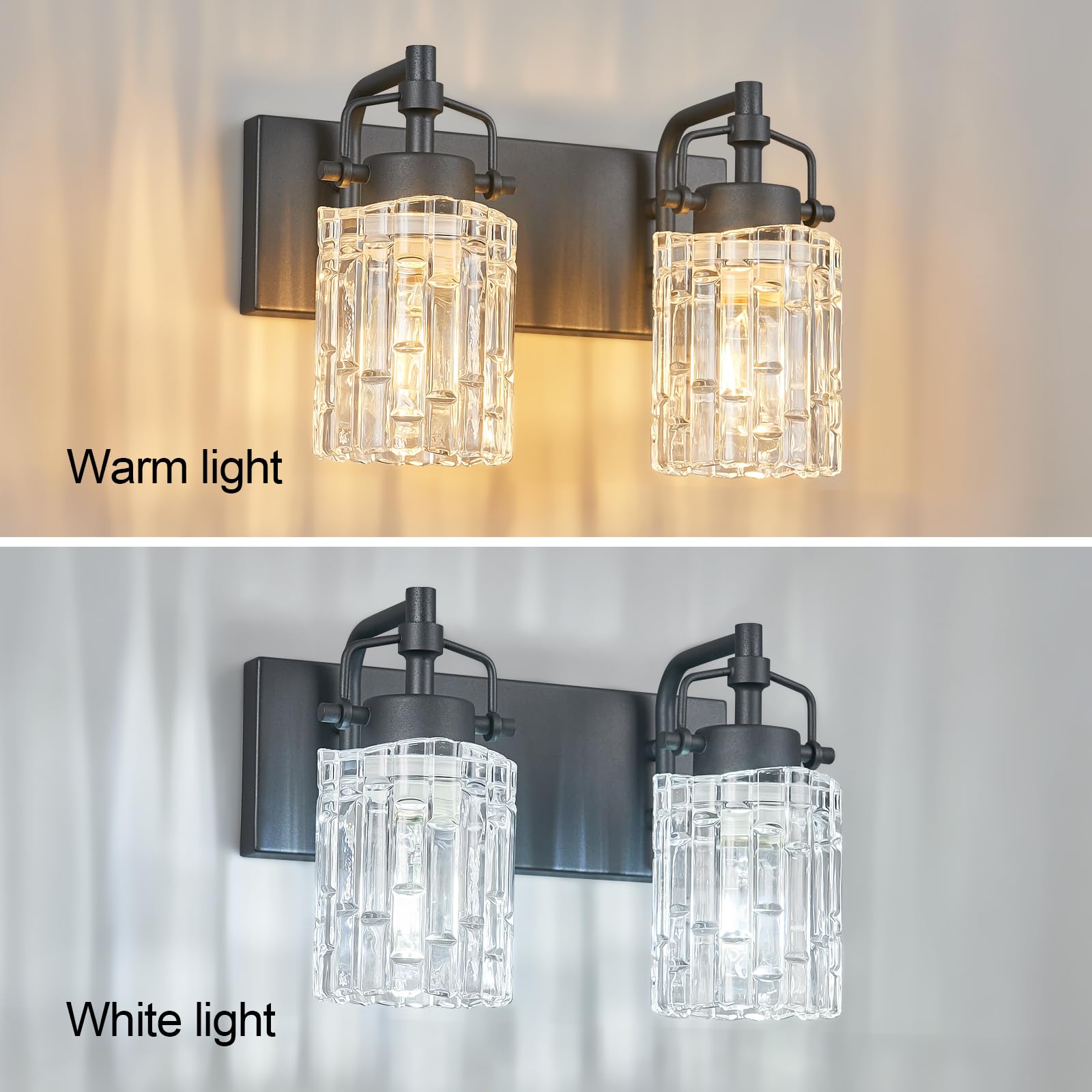 BNHHLZ Bathroom Vanity Light 2-Light Modern Vanity Light with Crystal Glass Shade Black Bathroom Light Fixtures Over Mirror Crystal Vanity Lighting Fixtures