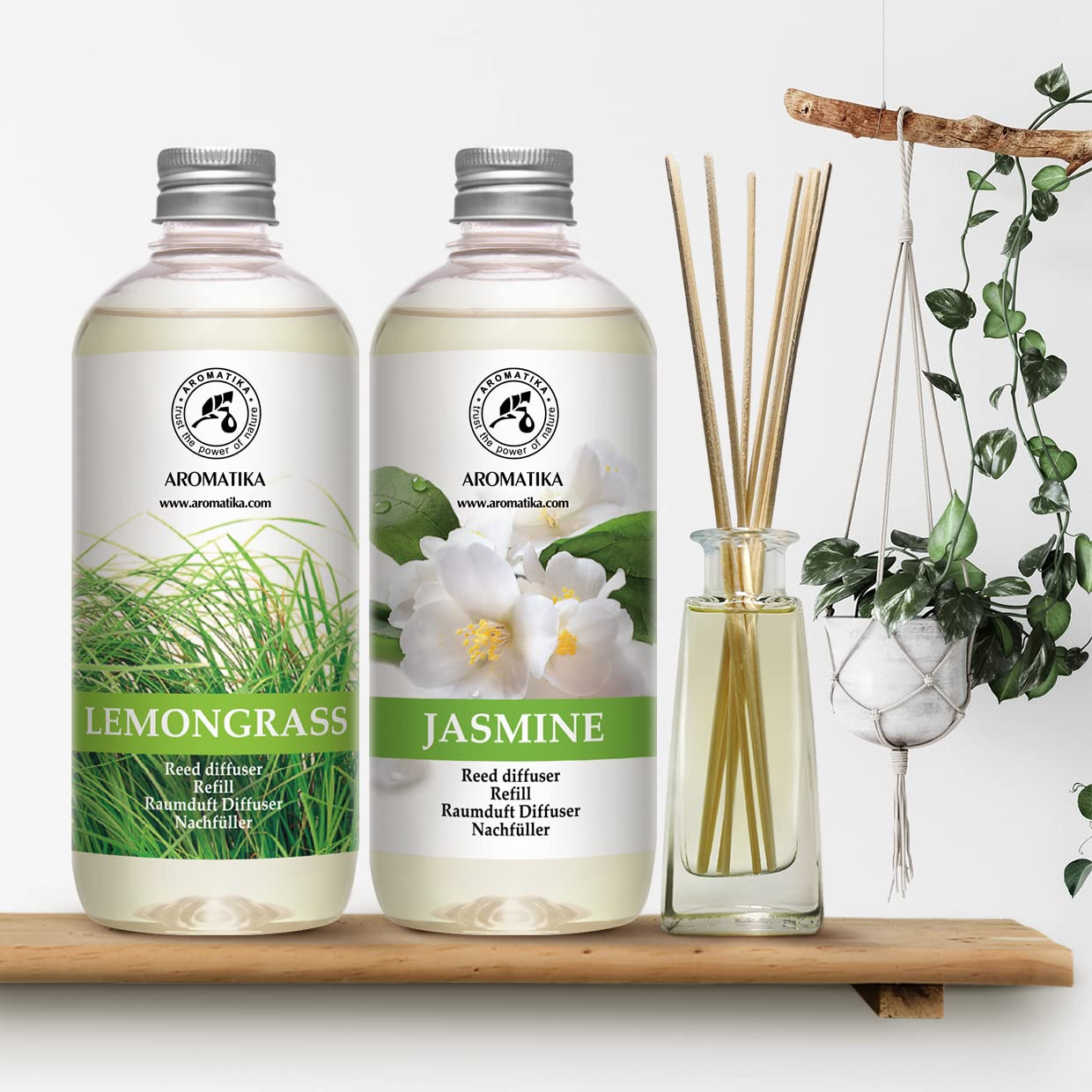Recharge Diffuseurs de Parfum 2x500ml - аvec Arôme Lemongrass & Arôme de Jasmin - Parfum Frais et de Longue Durée - Aromathérapie - Assainisseurs de Air de la Grand Pièce - Spa - Bain - Restaurant