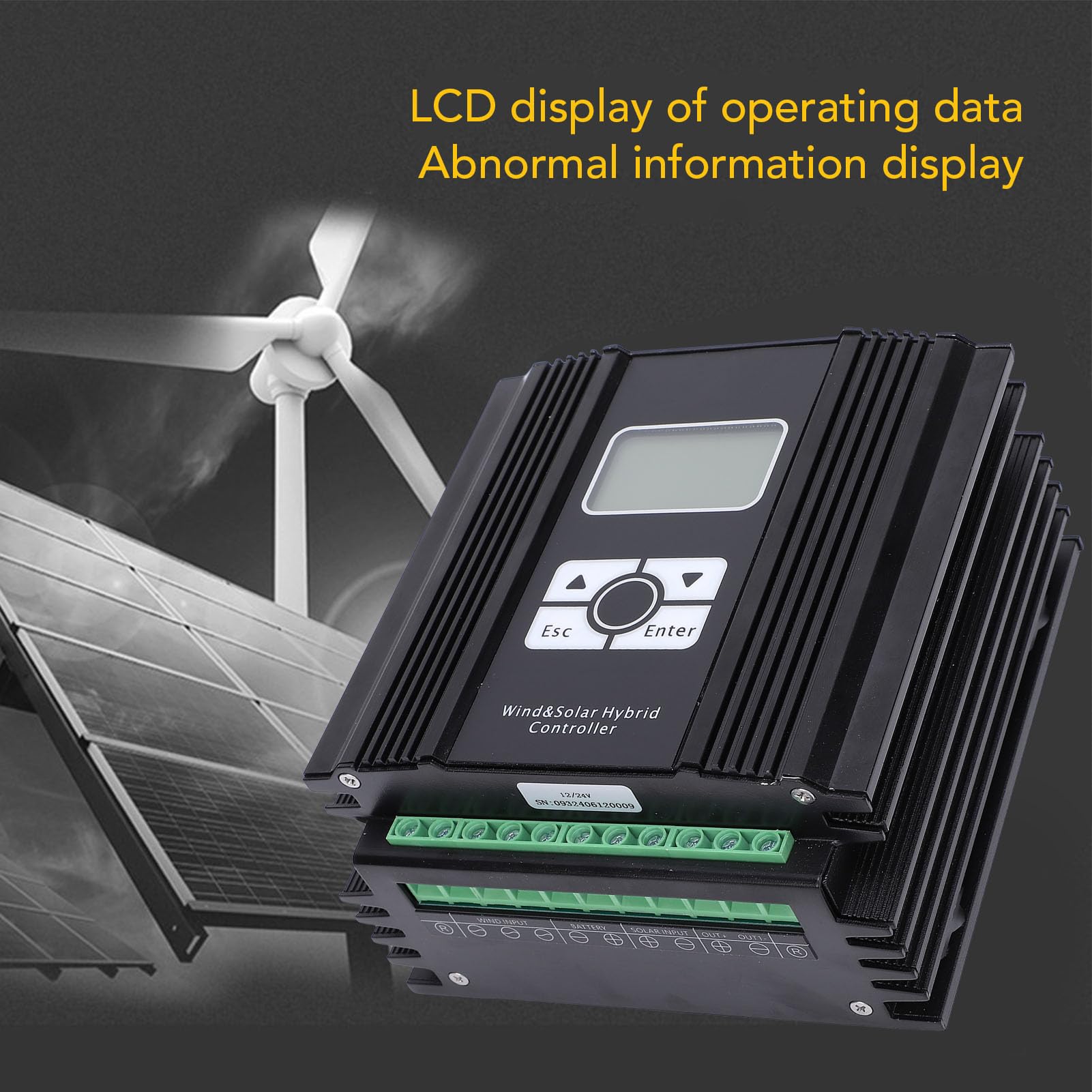 Garosa Wiatrowy Regulator ładowania Słonecznego 12 V/24 V MPPT Hybrydowy Regulator z Wyświetlaczem LCD Technologia Boost PWM dla Domowych Morskich Systemów Oświetlenia Ulicznego (Wentylator 1000W)