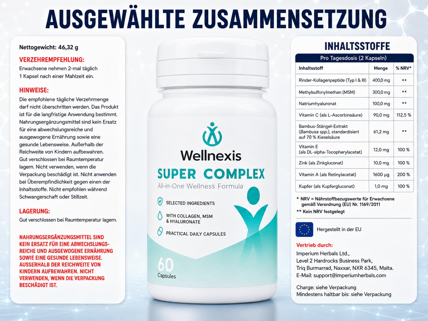 Wellnexis Super Complex Nahrungsergänzungsmittel – 60 Kapseln – mit Kollagen Typ I & III, MSM, Hyaluron, Vitamin C, Zink, Kupfer und Bambusextrakt – für Erwachsene