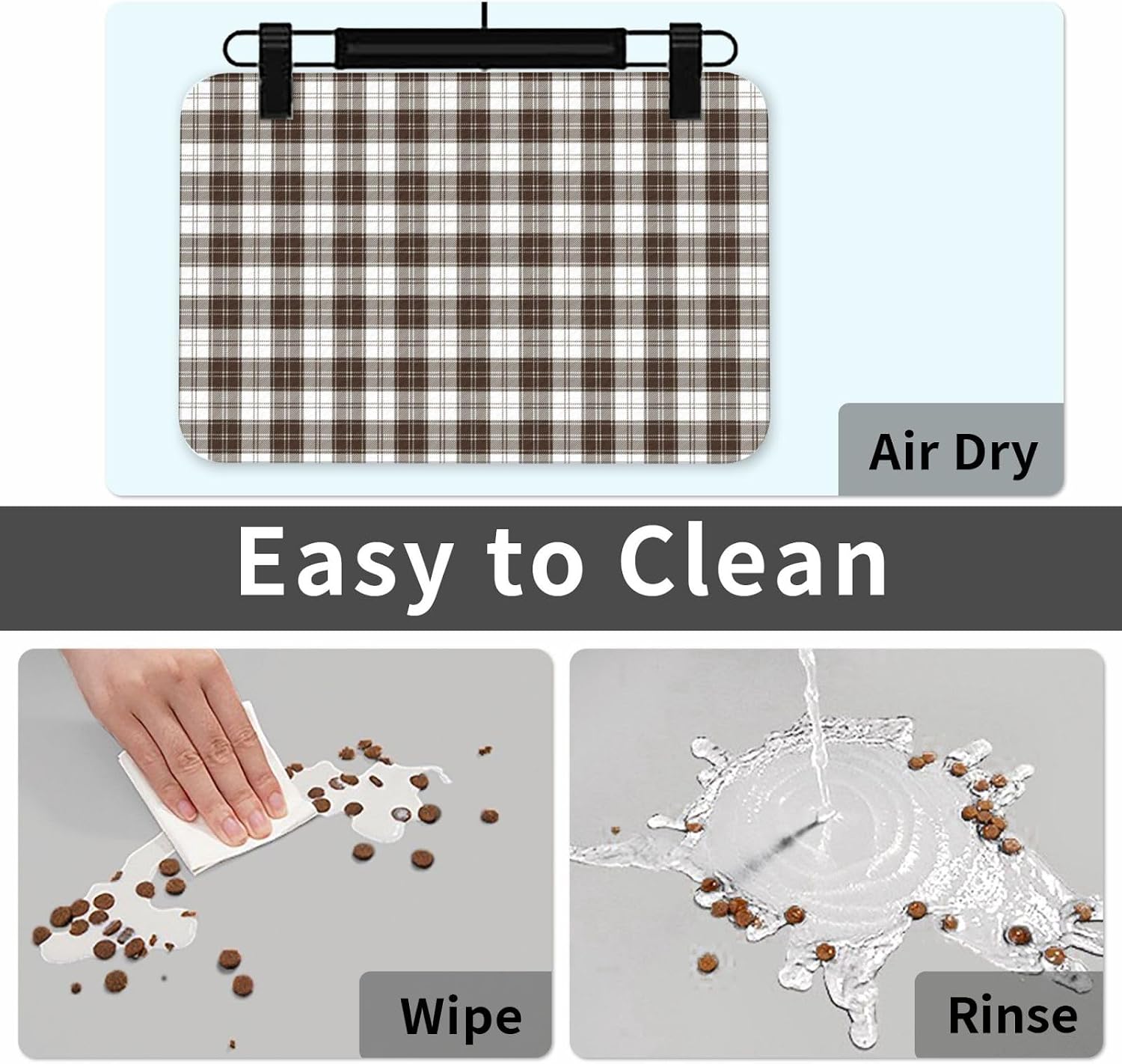 Brown and White Tartan Plaid Leather Absorbent Pet Feeding Mat Non-Slip for Dogs Cats 40x60cm