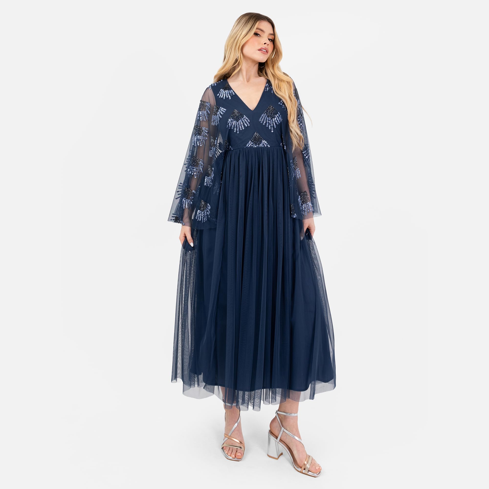 Women's Midaxi Dress Ladies V-Neck Long Wide Angel Sleeves Sequin Embellished Empire A-line Tulle Evening Prom Ball Gown