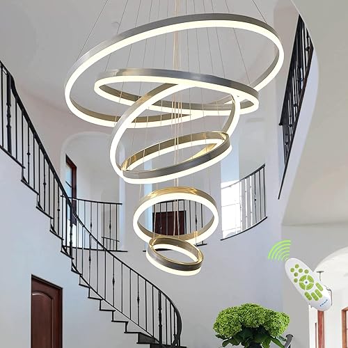 Modern Led Chandelier,Large Led Chandelier for Entryway, D31.5" Modern Chandelier Dimmable 6 Ring Chandelier for High Ceiling Chandelier,Adjustable Height Staircase Chandelier High Ceiling Hanging