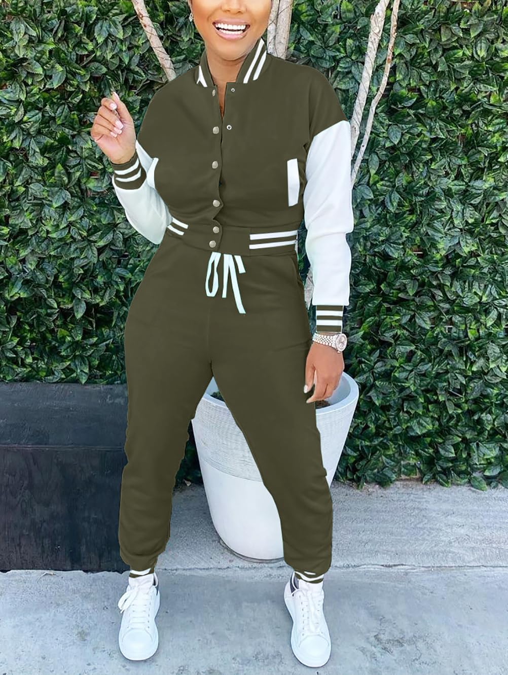 Fooullaide Women's Varsity Jacket Sweatsuit 2 Piece Tracksuit Crop Top Button Down Letterman Jackets Pants Sets - Image 4