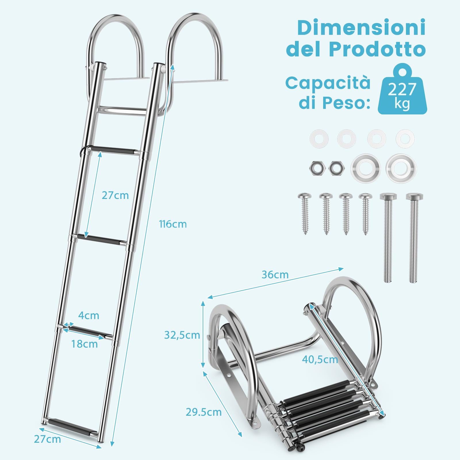 COSTWAY Scaletta Piscina Fuori Terra con 4 Gradini, Portata 227 kg, Scaletta per Pontile Pieghevole in Acciaio Inox con Corrimano e Gradini Antiscivolo, Resistente e Leggera, per Barca