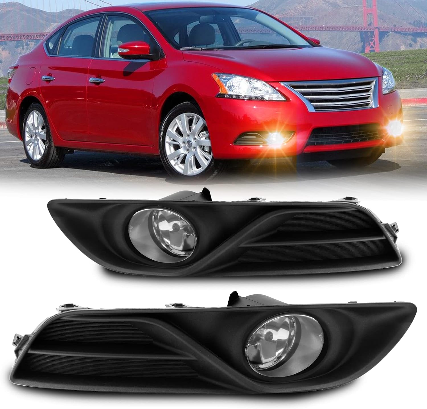 Fog Lights Assembly Replacement For 2013-2015 Nissan Sentra with H11 12V 55W Halogen Bulbs Included Switch And Wiring Kit(Clear Lens)