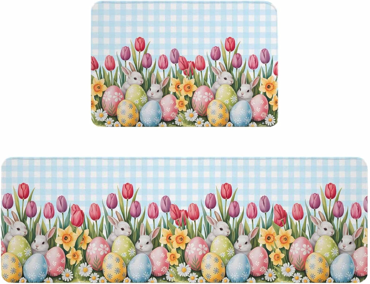 Easter Kitchen Rugs and Mats Set of 2, Non-Slip Kitchen Sink Mat, Spring Bunny Colorful Eggs Tulip Flowers Blue Check Washable Doormat Bathroom Rugs Runner for Bedroom 17.7"x30"+17.7"x47.2"