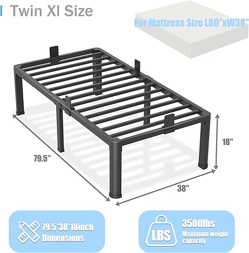 Miniatura 23 de Base de cama de tamaño matrimonial de 18 pulgadas con patas de esquina redondas, tapón deslizante de colchón, plataforma de metal resistente de 3500