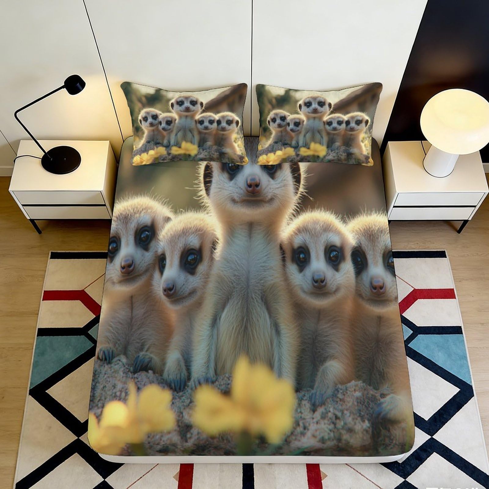 3D Printed Meerkat Family Fitted Sheet Microfiber Soft Breathable Wildlife Bed Cover for Bedroom Guest Room Decor 90x200x25cm