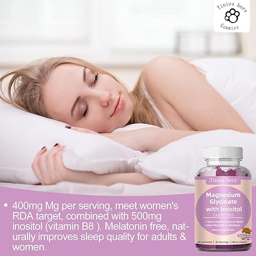 Miniatura 5 de Gomitas de glicinato de magnesio 400 mg, con inositol 500 mg para mujeres, mineral y VIT B8 para dormir, alivio del estrés y muscular, salud
