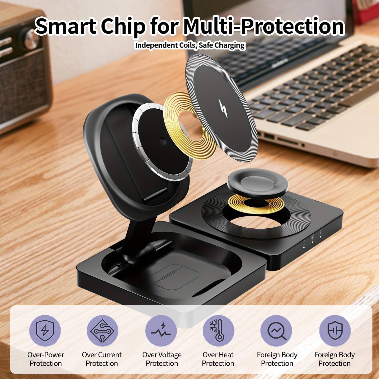 3-in-1 Foldable Wireless Charging Station Compatible with iPhone 17/16/15/14/13/12, Apple Watch, AirPods, Magnetic Fast Charging Stand, Travel Charger