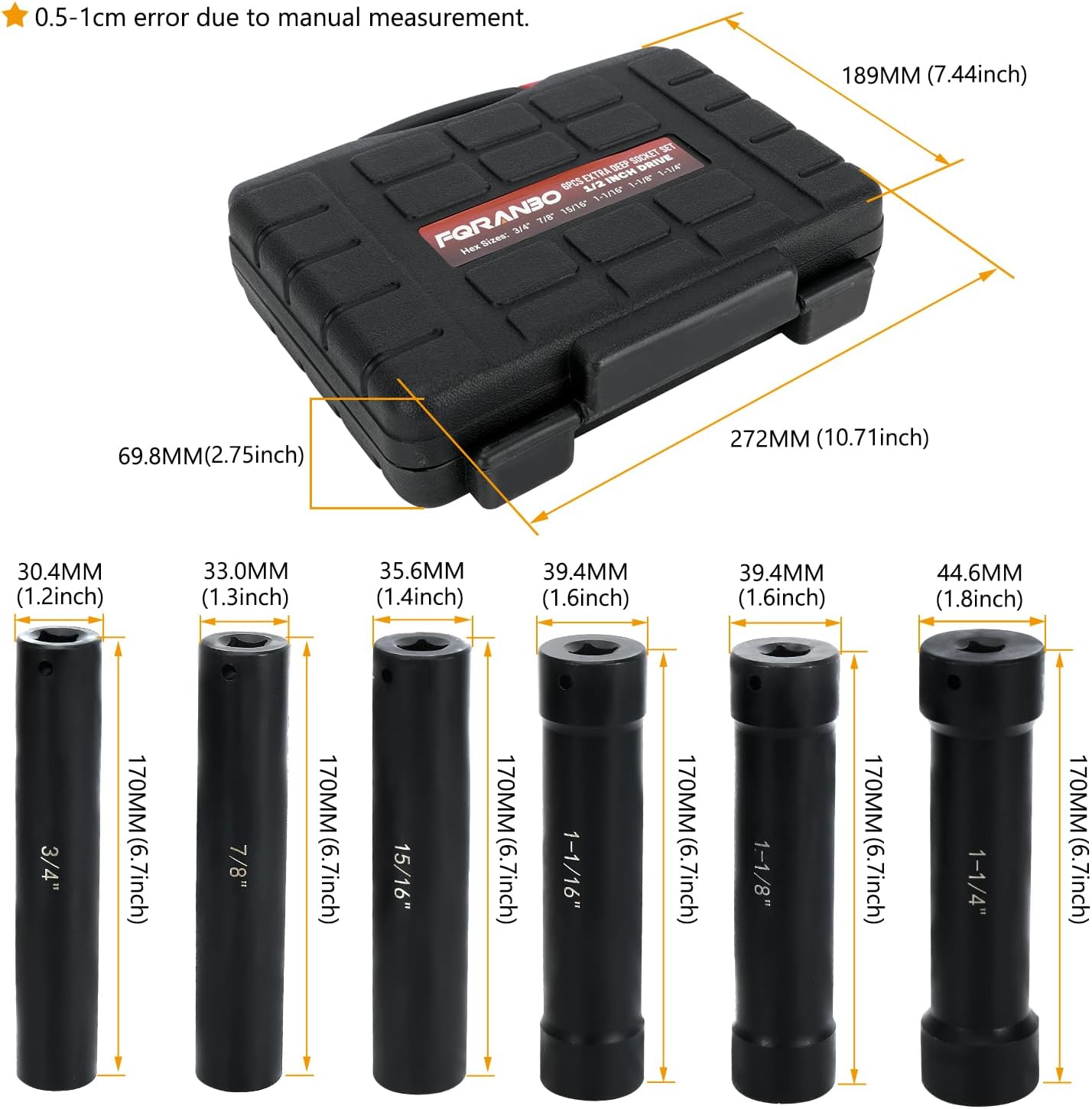 1/2 Inch Drive Extended Length Impact Socket Set, 6 Sizes Extra Deep Socket Set - Hex 3/4", 7/8", 15/16", 1-1/16", 1-1/8", 1-1/4" for High Torque Use (Extended Length)