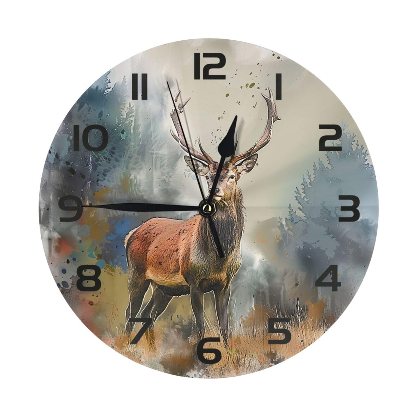 Mexpekil Watercolor Deer Silent Wall Clock Non Ticking 25cm Round Wall Clocks Battery Operated Modern Decorative Clock for Living Room Kitchen Bedroom Office
