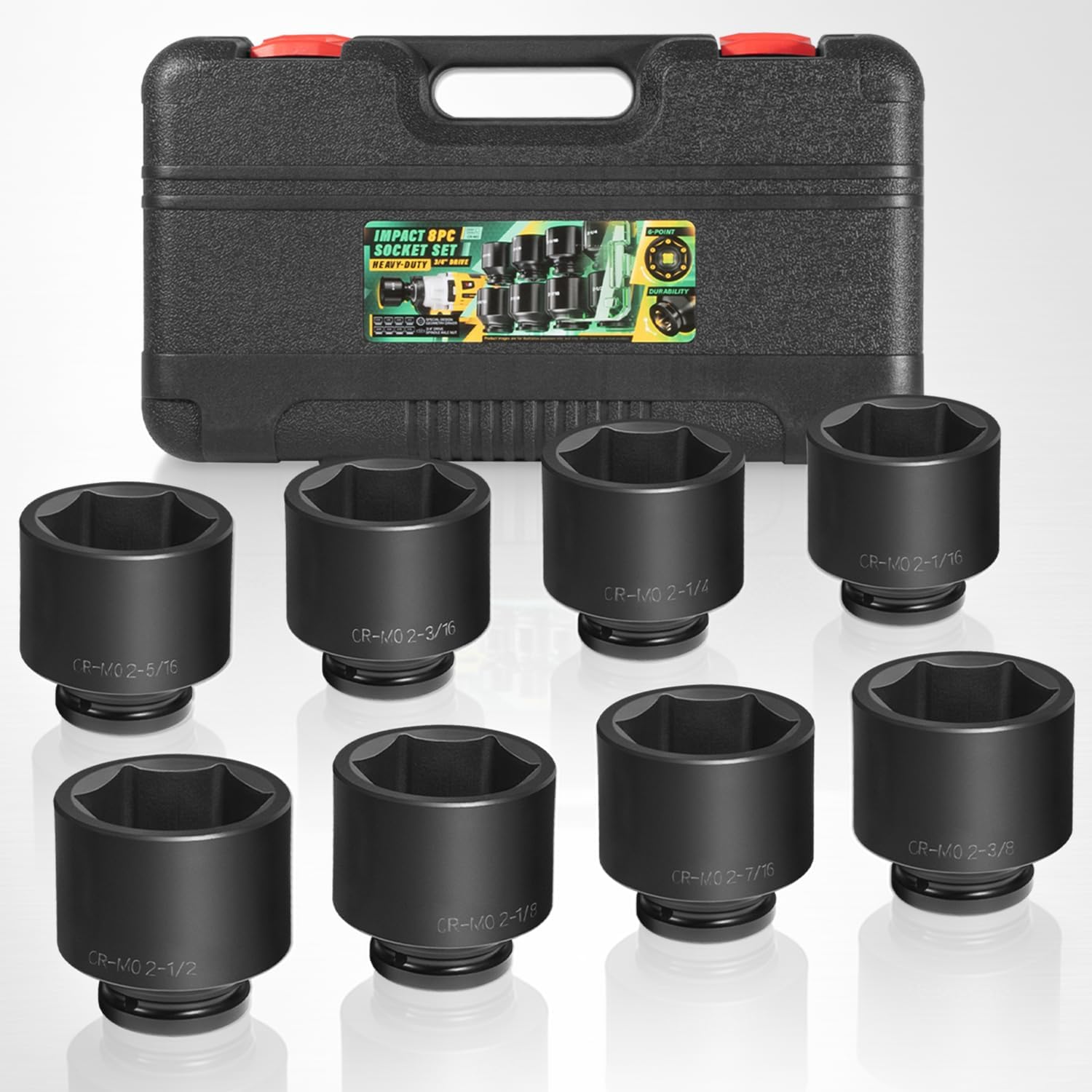 8PCS 3/4" Drive Spindle Axle Nut Impact Large Socket Set, 2-1/16" to 2-1/2", CR-MO Steel, 6-Point