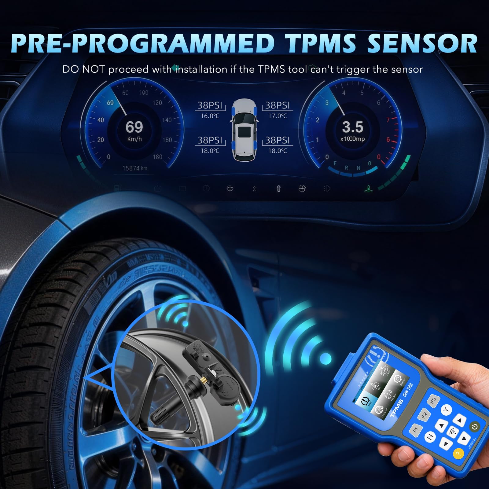 RENECTIV Capteur TPMS, capteur de surveillance de la pression des pneus 433 MHz pour Chrysler, Jeep, Dodge Ram, remplacement # 56029398AB (lot de 4)