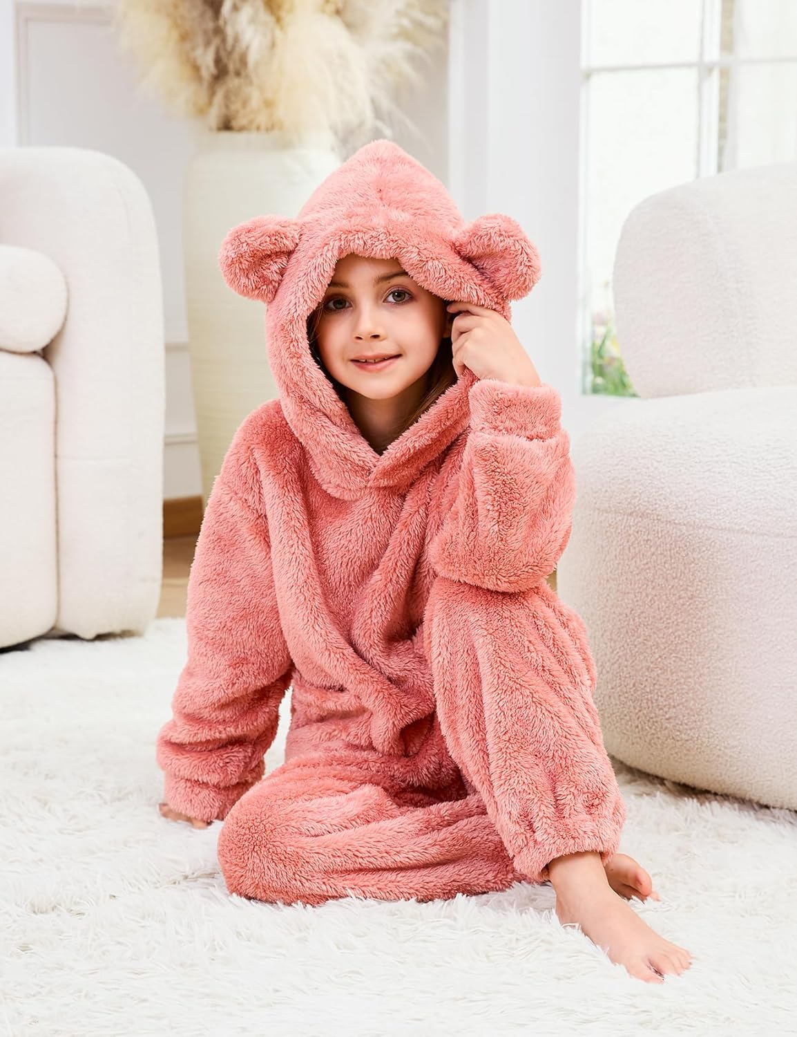 Gihuo Girls Fleece Pajamas Fuzzy Pajamas Toddler Bear Hoodie and Pants Set Kids Winter Cozy Sleepwear Outfit - Image 6