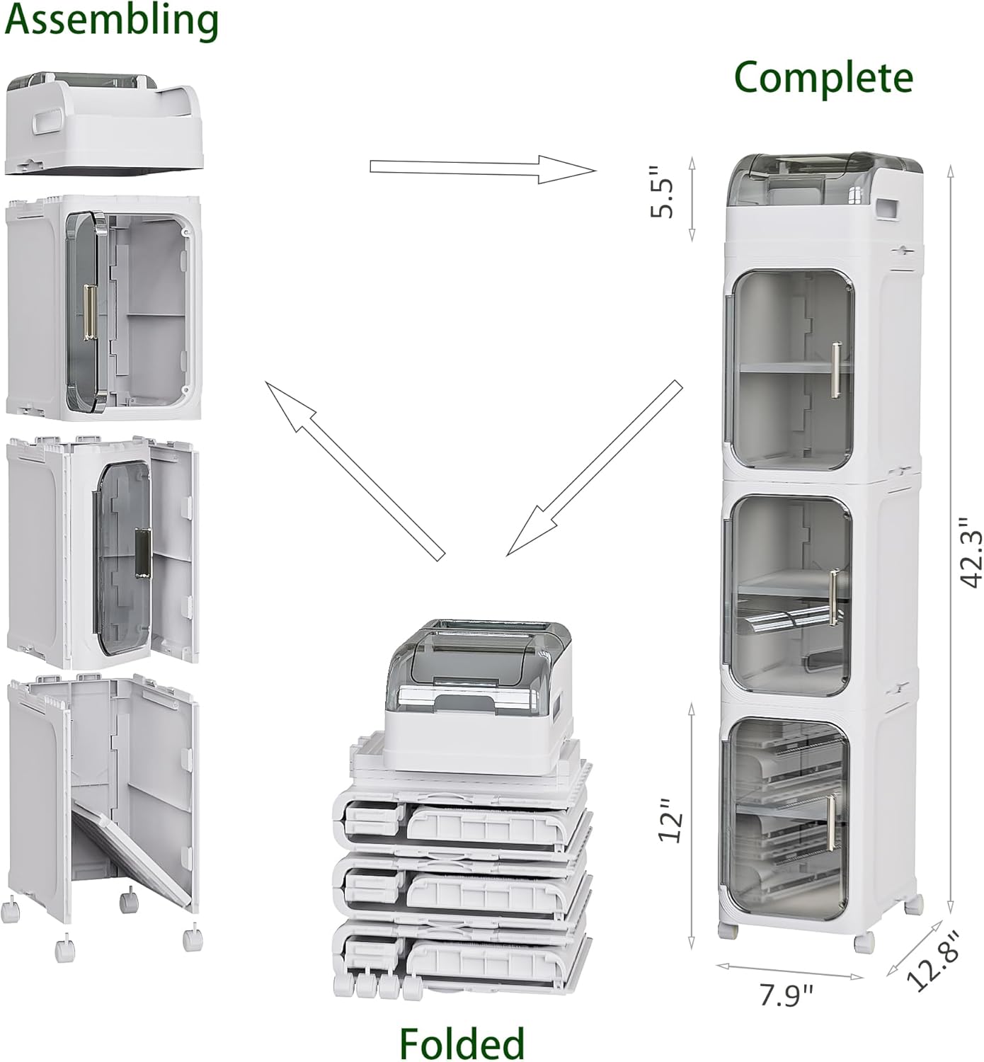 BINSIO 4-Tiers Toilet Paper Storage, Slim Bathroom Organizers and Storage, Bathroom Counter Organizer, Bathroom Organizer Storage Cabinet, Portable Laundry Room Organization, Plastic White Clear Doors