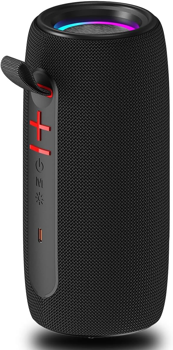 Wireless Portable Bluetooth Speaker: IPX6 Waterproof Outdoor Audio,fm Radio,USB/AUX/SD Card Play,LEDlights,TWS interconnected Stereo,Travel/Camping/Bike/Family/Party(Black)
