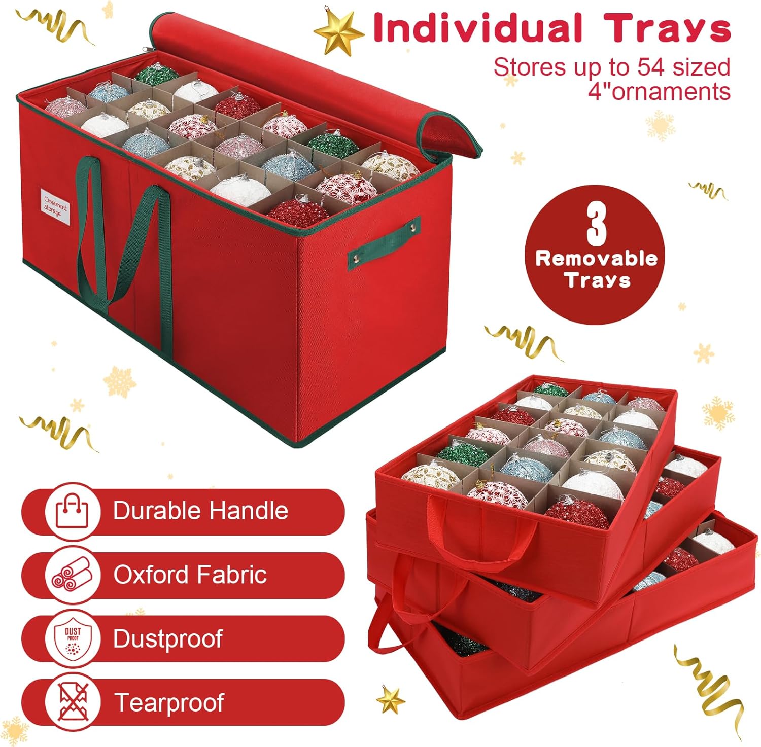 Christmas Ornament Storage Box, Stores Up to 54-4" Ornaments, 3 Individual Trays, Adjustable Dividers, 600D Oxford Fabric, Large Organizer Bin to Protect and Store Holiday Décor - Image 3