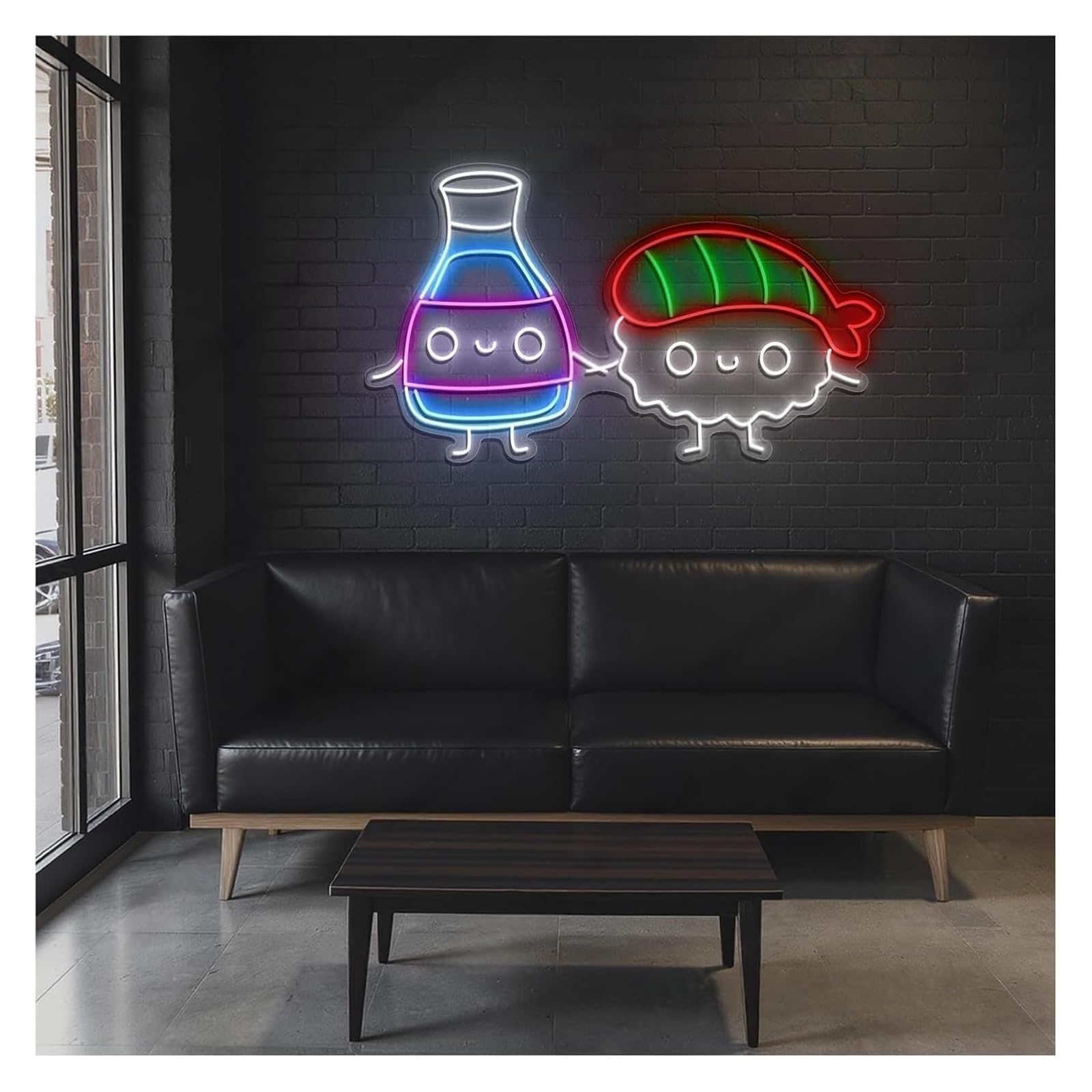 Insegna luminosa al neon per ristorante giapponese con sushi e salsa di soia, 51 cm