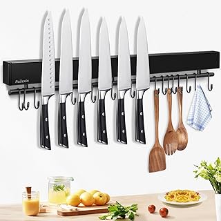 23 inch magnetic knife holder with 15 hooks, No Drilling black knife magnetic strip and utensil hanger for wall, Powerful knife magnet rack include tape and screws