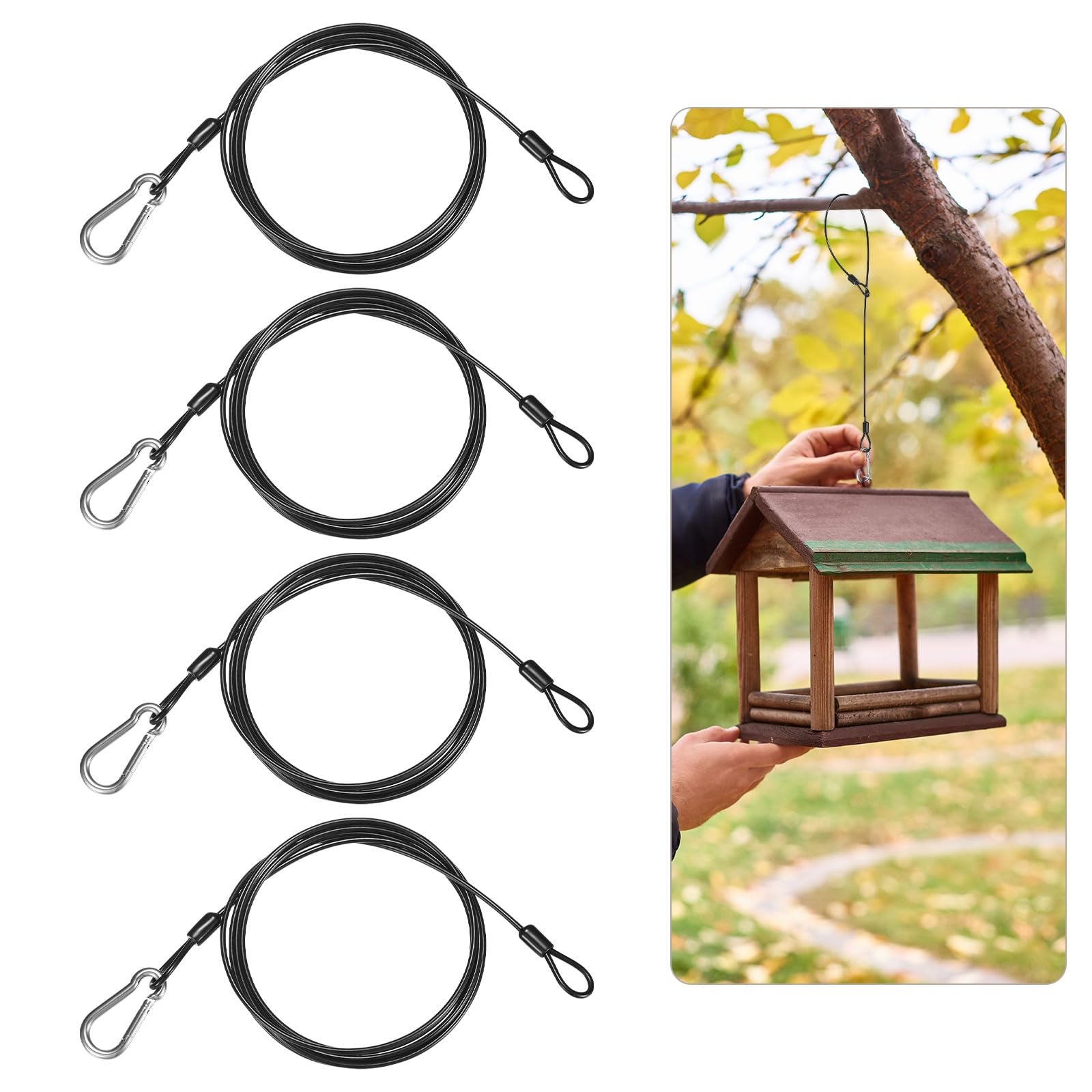 M METERXITY 4-Pack Bird Feeder Hanger with Snap Clip, 200cm(79 in) 304 Stainless Steel Cable Chain Wire for Hanging Bird Feeders/Baths/Planters/Baskets/Tree/Lanterns/Yard Decor, [Black]