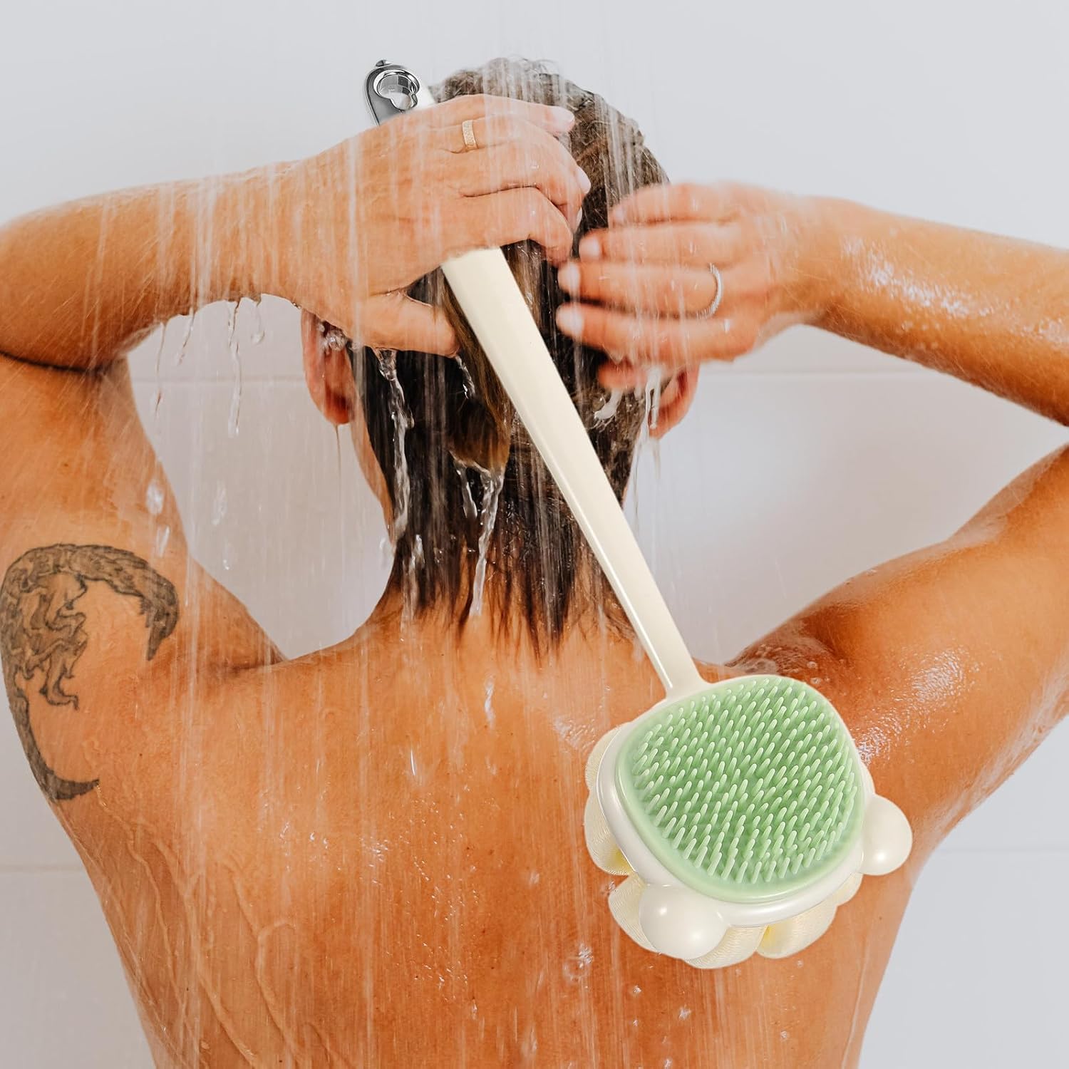 Long Handle Back Scrubber and Body Brush for Showering, Dual-Sided Soft Silicone Bath Brush, White Color, Suitable for Wet and Dry Use, Personal Care Bath Accessory
