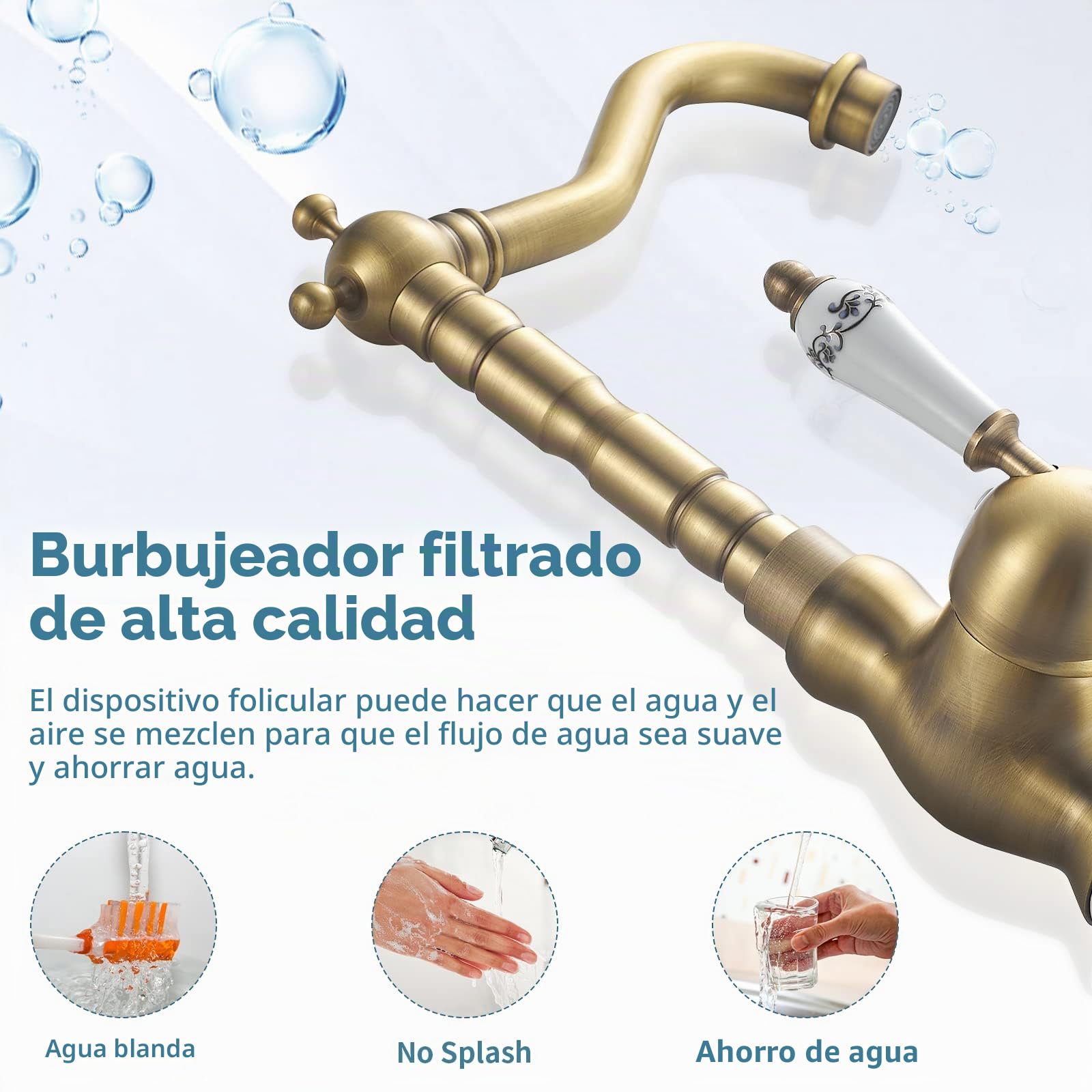 Grifo de Lavabo Alto, Grifo Lavabo Vintage Latón, Grifería de Baño para Lavabo, grifo lavabo Monomando de 360°Giratorio, Baño grifos lavabo, G3/8