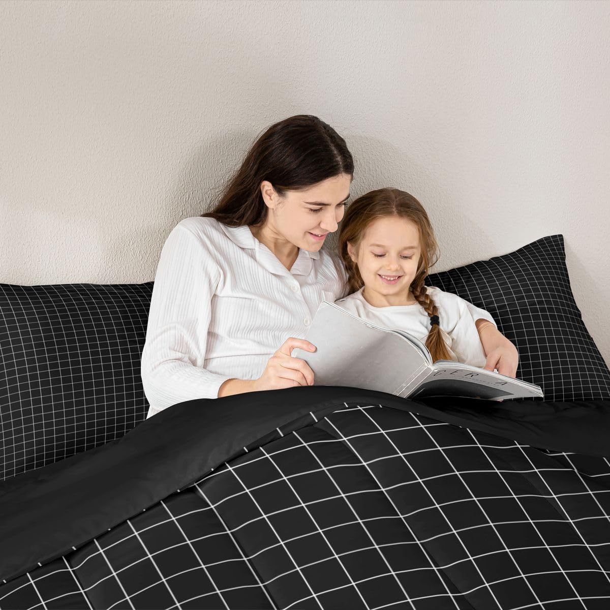 Feelyou Black Grid Comforter Set Full Size Buffalo Plaid Checkered Bedding Set for Kids Boys Girls White Lines Duvet Quilt Bedroom Decor Microfiber 3 Pcs with 2 Pillow Cases