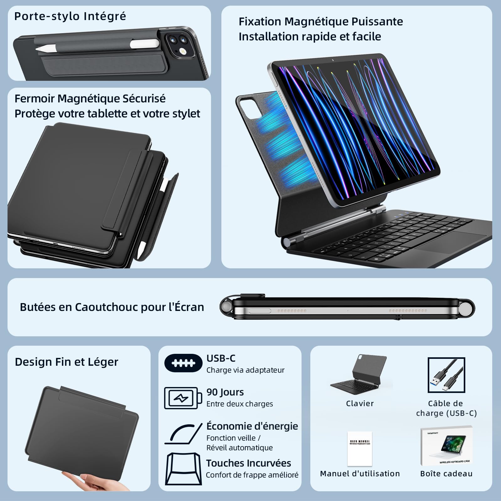 RAYMCRAFT Clavier pour iPad Air 11 Pouces (M4/M3/M2) & iPad Pro 11 Pouces (1re/2e/3e/4e Gén), Magic Keyboard pour iPad Air 5e/4e, Rétroéclairage 11 Couleurs, Smart Trackpad, Boucle pour Stylet, Noir