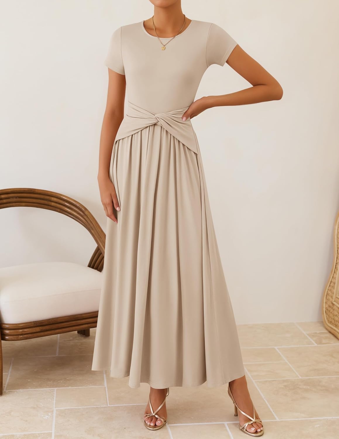 ZESICA Women's 2026 Summer Short Sleeve Maxi Dresses Twist Front Wedding Guest Cocktail Flowy A Line Long Dress - Image 2