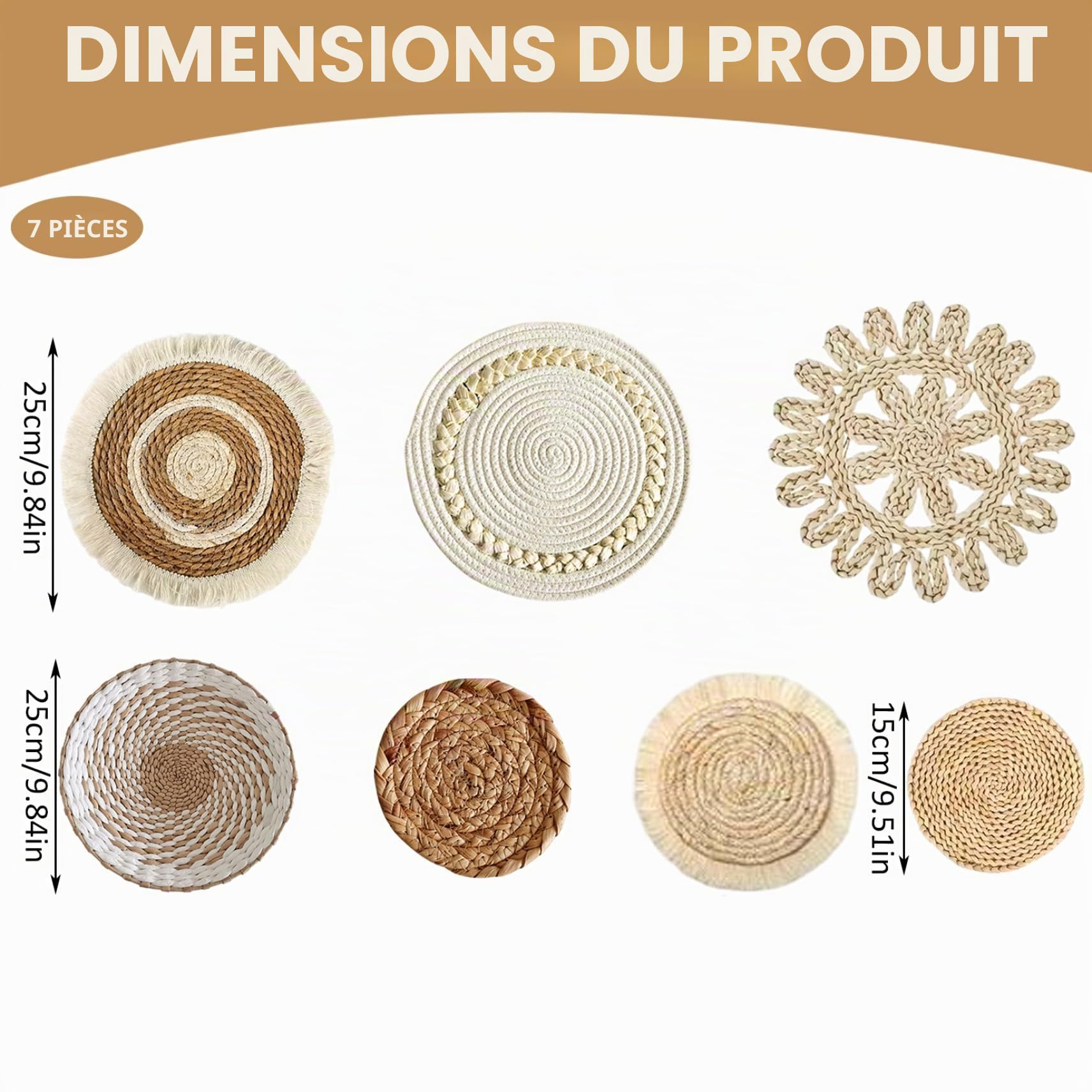 7 paniers muraux bohèmes, 6 tailles, ronds en paille tressée avec crochet, pour décoration de salon, style campagnard