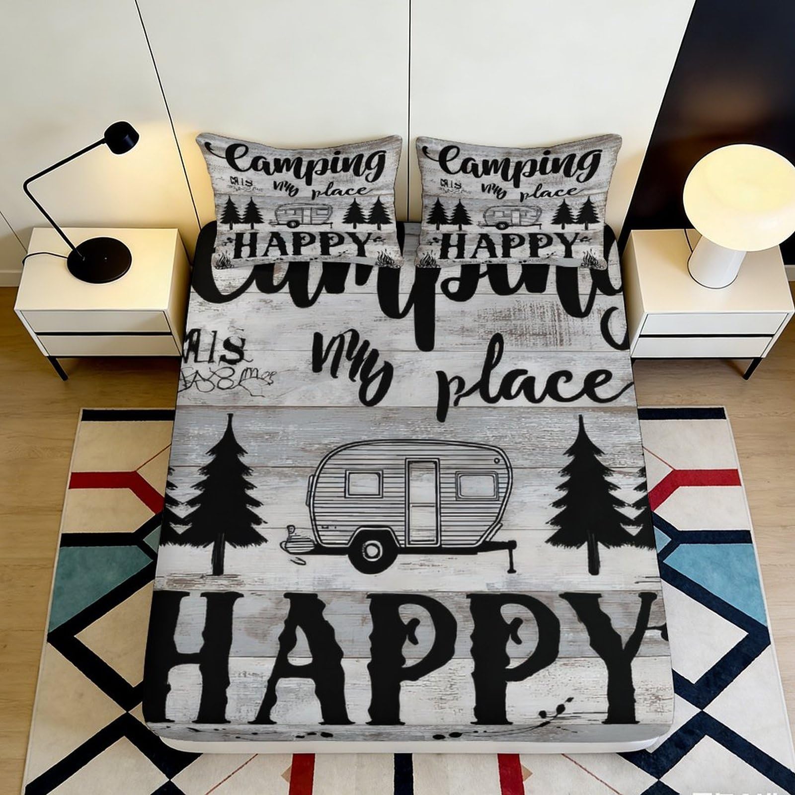 3D Printed Camping Caravan Fitted Sheet Microfiber Soft Anti-Slip Happy Forest Mattress Cover for Bedroom Guest Room 90x200x25cm