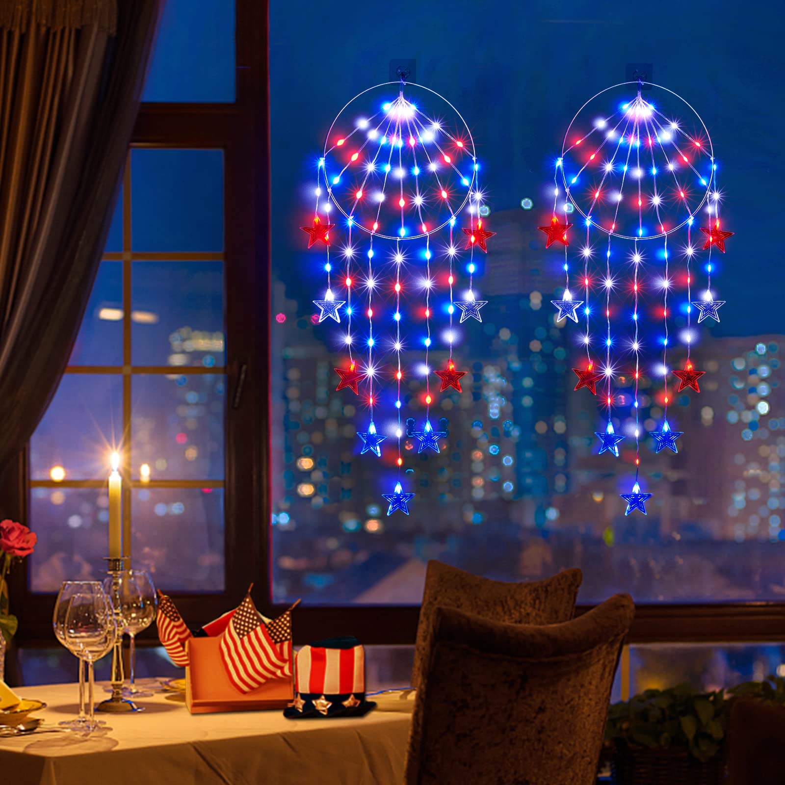 BlcTec 4th of July Decorations, Red White and Blue Lights with 9 Big Stars, Patriotic Lights with 8 Modes, Waterproof & Timer Functions for Indoor Outdoor Independence Day,July 4th Decor