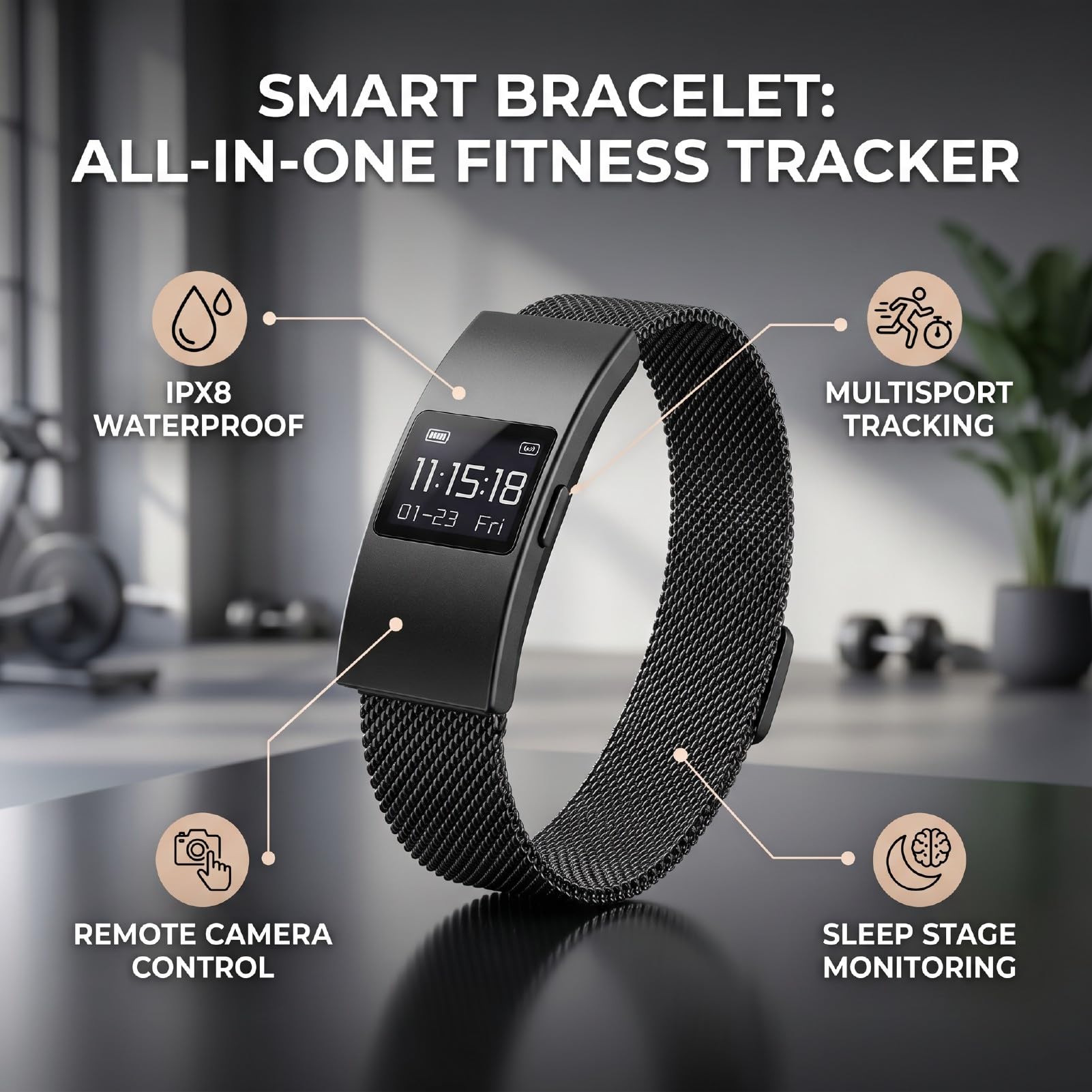 Tangxi Bracciale Intelligente con Cinturino Impermeabile IPX8 e Acciaio | Bluetooth 5.3, Monitoraggio delle Fasi del Sonno, Controllo Remoto della Fotocamera, Batteria da 5-7 Giorni, Ricarica