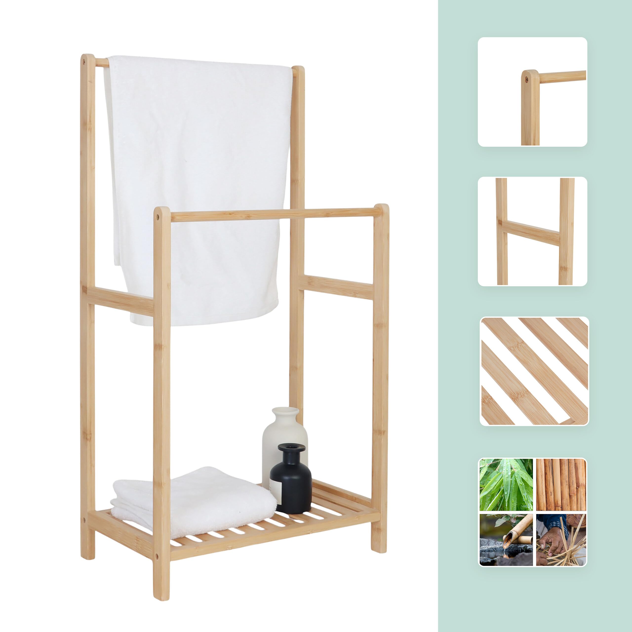 Relaxdays Porta Asciugamani in bambù, 2 aste, con ripiano, HLP: 77,5 x 42 x 24 cm, autonomo, Naturale