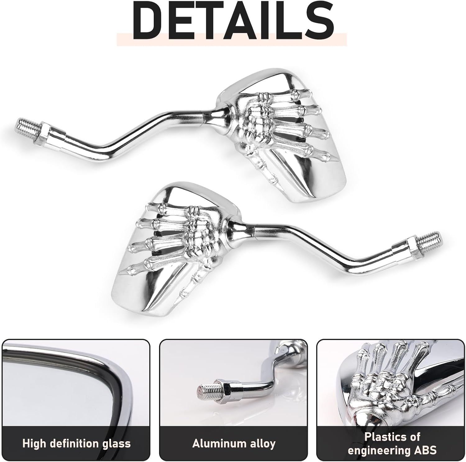 XYZCTEM Motorcycle Mirrors for Handlebar, Skull Skeleton Hand Bike Mirrors, with 8mm Adapters for Ebike, Scooter and Moped Motorcycle Mirrors, Silver