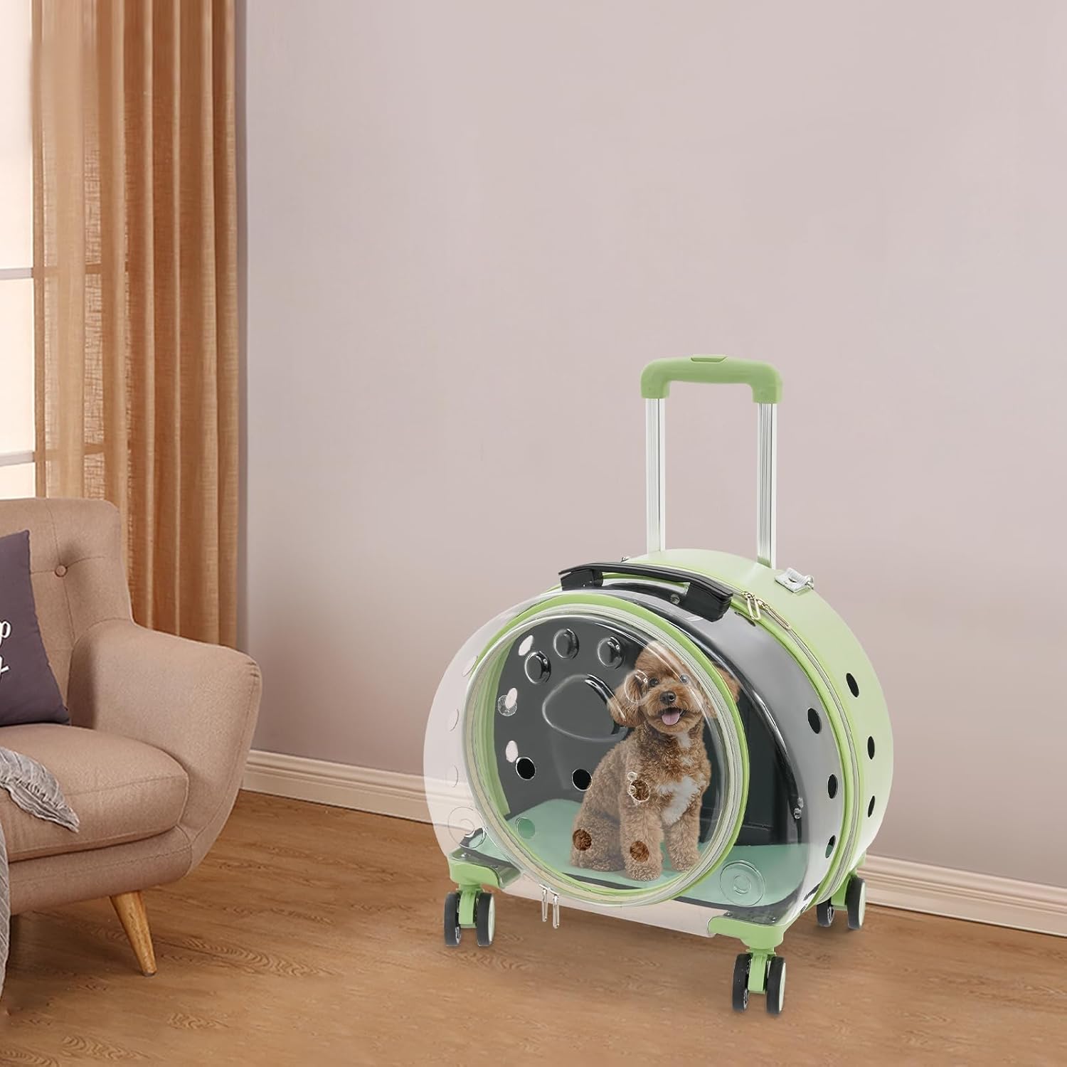 Clear Rolling Pet Carrier for Small Dogs Cats, 19.8lbs Airline Approved with 4 Wheels & Adjustable Handle & Shoulder Strap, Portable Travel Pet Taxi (Green)