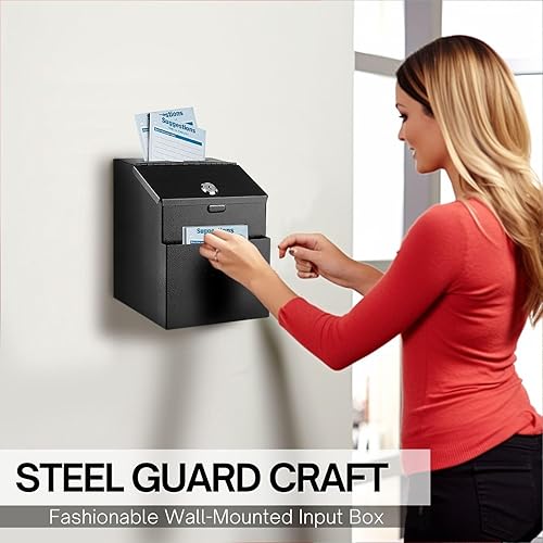 Miniatura 6 de Flexzion Caja de sugerencias con ranura y cerradura, oferta multiusos montada en la pared, urna con candado, caja de donación de metal con 25